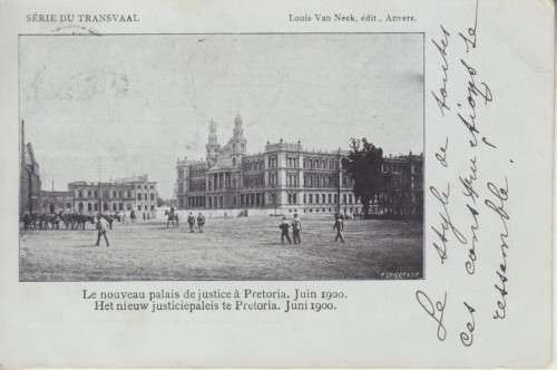BOER WAR BELGIUM POSTCARD - TRANSVAAL SERIES NEW PALACE OF JUSTICE, PRETORIA  - USED 1902