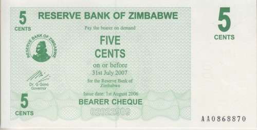 ZIMBABWE 5 FIVE CENTS - 2006 - BEARER'S CHEQUE - P34 UNC
