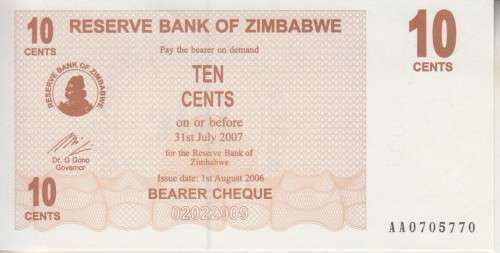 ZIMBABWE 10 TEN CENTS - 2006 - BEARER'S CHEQUE - P35 UNC
