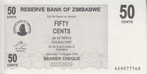 ZIMBABWE 50 FIFTY CENTS - 2006 - BEARER'S CHEQUE - P36 UNC