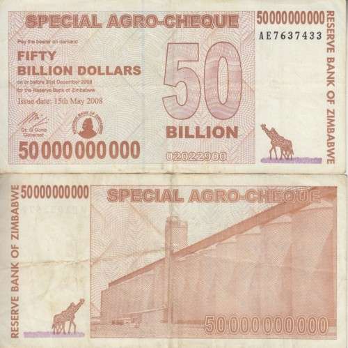 ZIMBABWE 50 BILLION DOLLAR SPECIAL AGRO-CHEQUE - 2008 - P63 VF