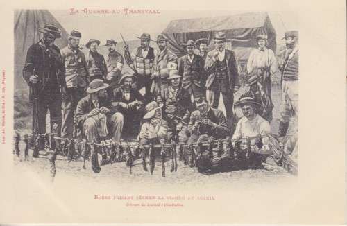 BOER WAR POSTCARD - BOERS DRYING MEAT IN THE SUN - BILTONG - LA GUERRE AU TRANSVAAL