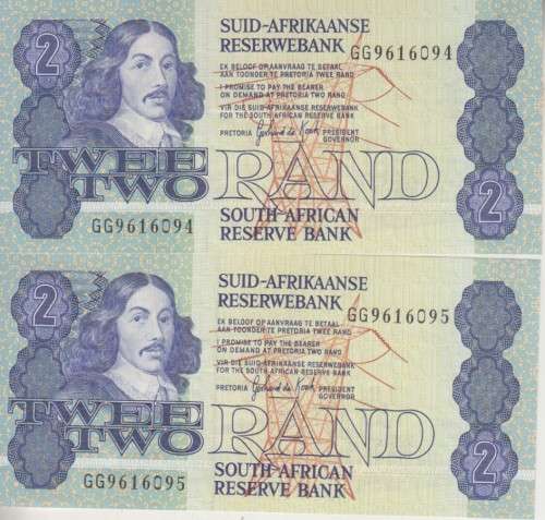 2 X SOUTH AFRICA TWO RANDS IN SEQUENCE - GPCDE KOCK - GG - 3 RD ISSUE 1983-89 - XF