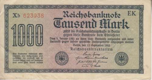 GERMANY 1000 MARK - REICHSBANKNOTE - 1922 P76f wmk-H F