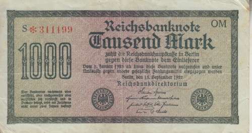 GERMANY 1000 MARK - REICHSBANKNOTE - 1922 P76g wmk-J  VF