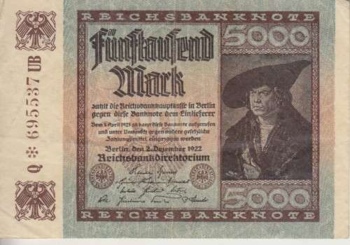 GERMANY 5000 MARK REICHSBANKNOTE 1922 wmk G P81b VF