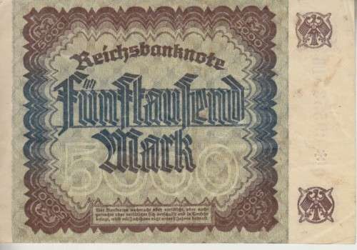 GERMANY 5000 MARK REICHSBANKNOTE 1922 wmk G P81b VF