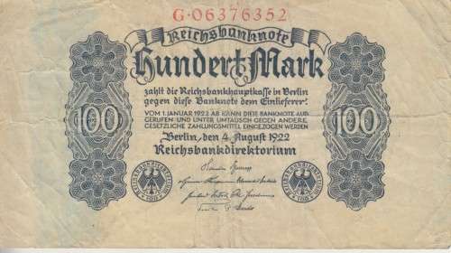 GERMANY 100 MARK REICHSBANKNOTE 1922 P75 VF