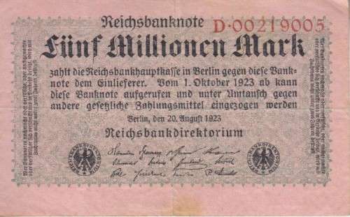 GERMANY 5 MILLION MARK REICHSBANKNOTE 1923 P105 VF
