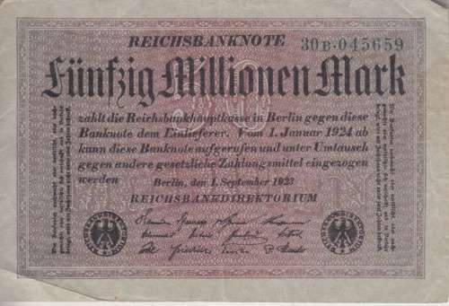 GERMANY 50 MILLION MARK REICHSBANKNOTE 1923 P109a WMK d  VF
