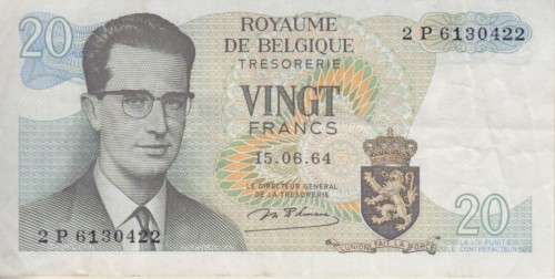 BELGIUM 20 FRANCS 1964  P138 VF