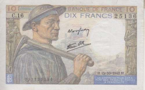 FRANCE 10 FRANCS  15-10-1942 P99d  VF