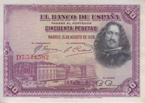 SPAIN 50 PESETAS 1928 P75b XF