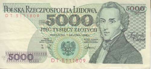 POLAND 5000 ZLOTYCH 1988 P150c  VF