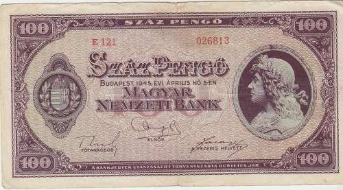 HUNGARY 100 PENGO 1945  P111 VF