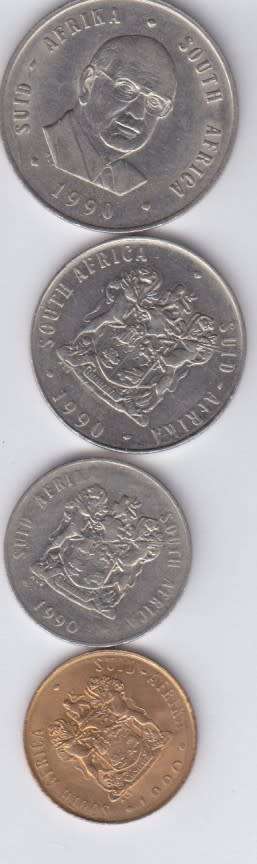 1990 ONE RAND P.W BOTHA (R1) COIN {NICKEL) and 50, 20. 2 CENTS USED
