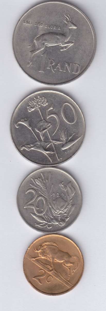 1990 ONE RAND P.W BOTHA (R1) COIN {NICKEL) and 50, 20. 2 CENTS USED