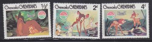 3 GRENADA GRENADINES DISNEY STAMPS - BAMBI - CHRISTMAS 1980 - MINT