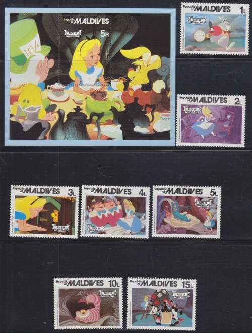 7 MALDIVES DISNEY STAMPS and MINISHEET - ALICE IN WONDERLAND - DISNEY CHARACTERS - FULL SET MINT