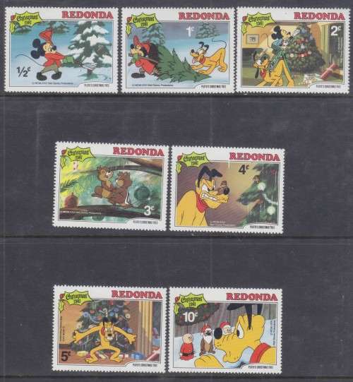 7 REDONDA DISNEY STAMPS - CHRISTMAS 1981 - DISNEY CHARACTERS - MINT