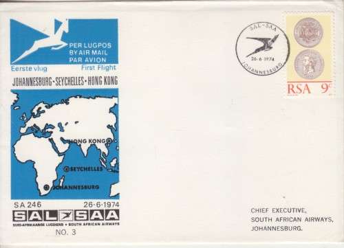 SOUTH AFRICAN AIRWAYS - FIRST FLIGHT COVER No.3 - JOHANNESBURG-SEYCHELLES, HONG KONG 1974