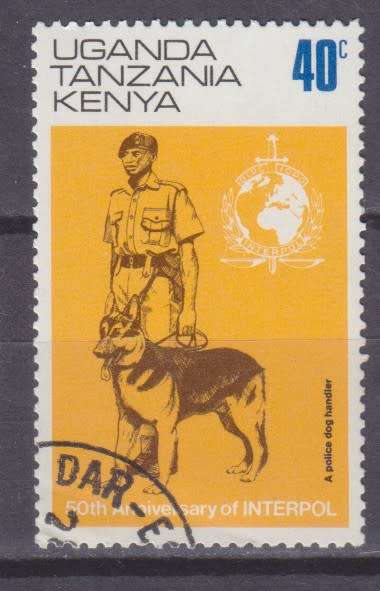 BEAUTIFUL THEMATIC STAMPS -  DOG and POLICEMAN - 50TH ANN. OF INTERPOL - KENYA UGANDA TANZANIA
