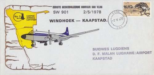 SUIDWESLUGDIENS FLIGHT COVER No.3:WINDHOEK - KAAPSTAD 1978 CONVAIR 580