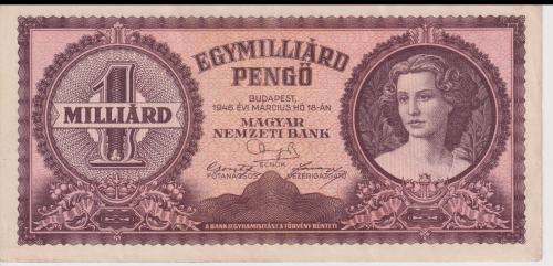 POST WORLD WAR II INFLATIONARY ERA - HUNGARY 1 billion PENGO 1946 P125 VF