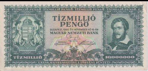 POST WORLD WAR II INFLATIONARY ERA - HUNGARY 10,000,000 PENGO 1945 P123 XF