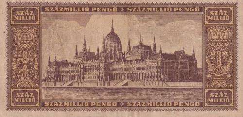 POST WORLD WAR II INFLATIONARY ERA - HUNGARY 100,000,000 PENGO 1946 P124 VF