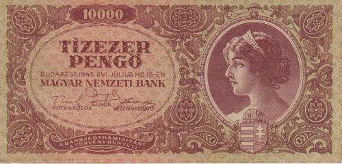 POST WORLD WAR II INFLATIONARY ERA - HUNGARY 10,000 PENGO 1945 P119a VF+