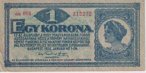 HUNGARY 1 KORONA p57 1920 VF