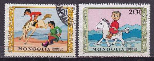 2 BEAUTIFUL THEMATIC STAMPS - HORSES - CHILDREN - MONGOLIA