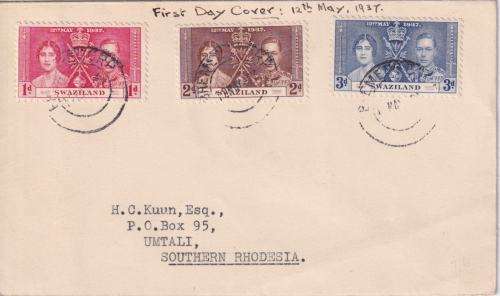 SWAZILAND CORONATION SET ON COVER 1937