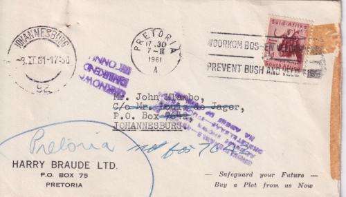 SOUTH AFRICA COVER - STAMPED `UNKNOWN` 1961