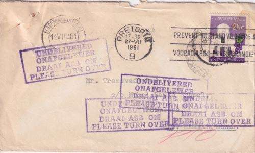 SOUTH AFRICA COVER - STAMPED `UNDELIVERED` 1961