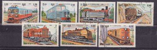 7 BEAUTIFUL THEMATIC STAMPS - TRAINS - CAMBODIA 1984