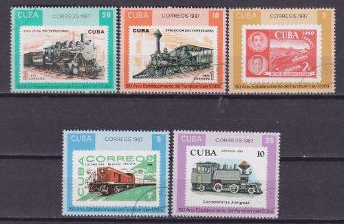 5 BEAUTIFUL THEMATIC STAMPS - TRAINS - STAMPS ON STAMPS - CUBA 1987