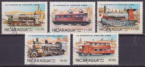 5 BEAUTIFUL THEMATIC STAMPS - TRAINS - NICARAGUA 1985