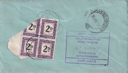 S.A. POSTAL HISTORY - TAXED COVER 1957 WITH 4 POSTAGE DUE STAMPS ON BACK