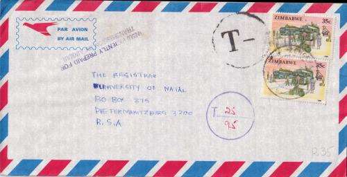 ZIMBABWE POSTAL HISTORY - TAXED COVER TO SOUTH AFRICA
