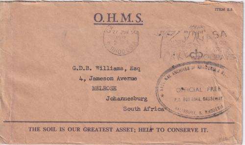 S.RHODESIA  POSTAL HISTORY -  O.H.M.S COVER FROM NATIONAL ARCHIVES - OFFICIAL FREE POSTAGE - 1961