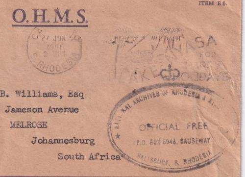 S.RHODESIA  POSTAL HISTORY -  O.H.M.S COVER FROM NATIONAL ARCHIVES - OFFICIAL FREE POSTAGE - 1961