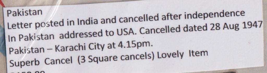 STARTING @ R60 - LETTER POSTED IN INDIA AND CANCELLED AFTER INDEPENDENCE IN PAKISTAN 1947- SEE SCANS