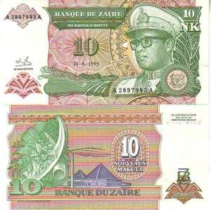 ZAIRE 10 NOUVEAUX MAKUTA 24.6.1993 P 49 UNC