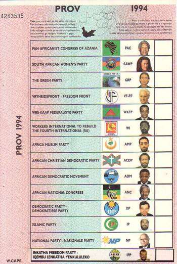 SOUTH AFRICA 1994 BALLOT PAPER (with Nelson Mandela) -W.Cape