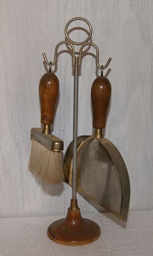 Vintage Brass and Wood Dustpan Set on Stand