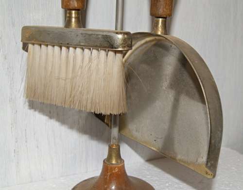 Vintage Brass and Wood Dustpan Set on Stand