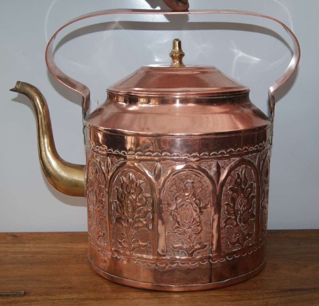Large Antique Copper Embossed Kettle