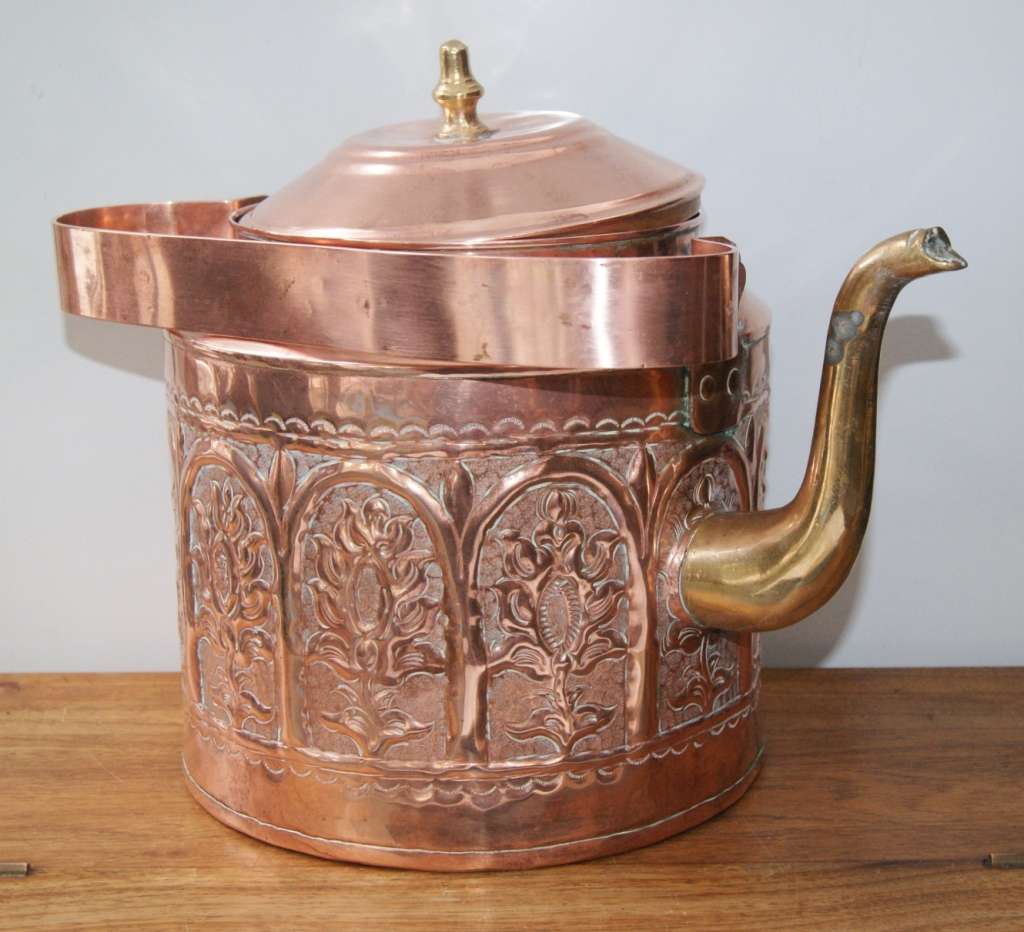 Large Antique Copper Embossed Kettle
